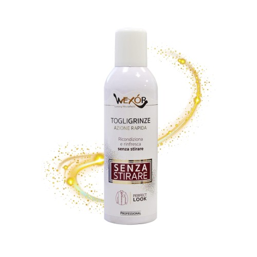 Wexor Togligrinze żelazko do prasowania w spray'u 300 ml - butelka z atomizerem na białym tle z efektem złotych cząstek i płynnego złota.