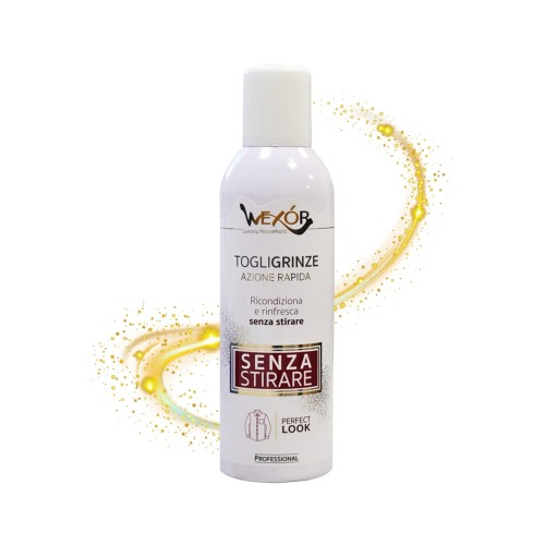 Wexor żelazko w sprayu 100 ml Togligrinze - butelka z białą głowicą na białym tle z efektem rozpryskujących się złotych cząstek.