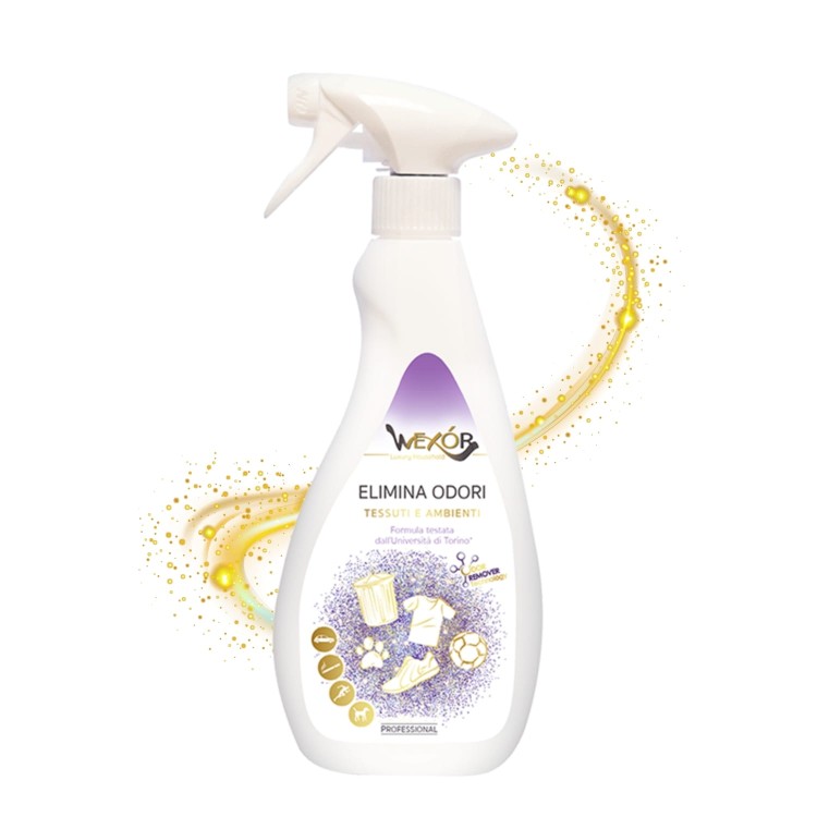 Wexor spray ELIMINA ODORI do tkanin i pomieszczeń 500 ml - butelka z atomizerem na białym tle z efektem rozpylu złoto-fioletowego.