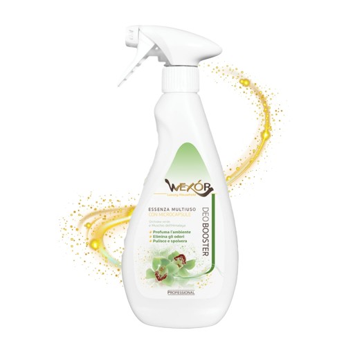 Wexor Deobuster odświeżacz VERDE HIMALAYA 750 ml - butelka z rozpylaczem, widok z przodu z efektem rozprysku złotych cząstek.