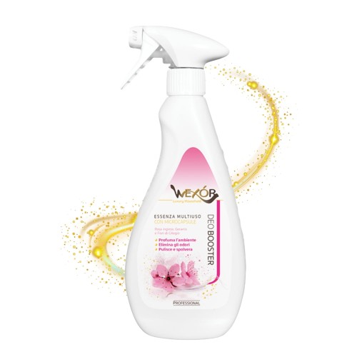 Wexor Deobuster odświeżacz Armonia Rosa 750 ml - butelka ze sprayem na białym tle z efektami złotych cząstek.