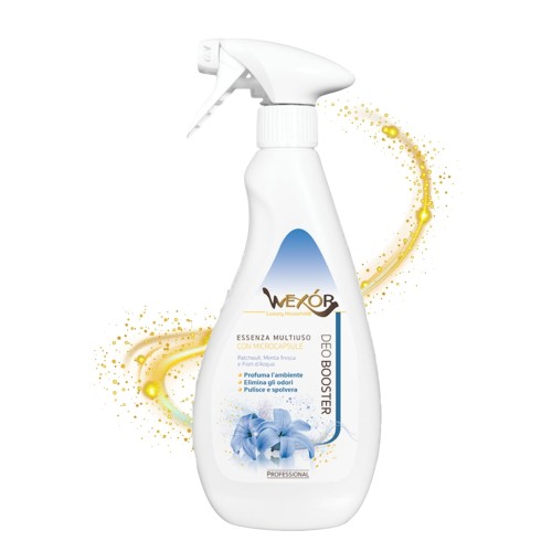 Wexor Deobuster odświeżacz wielofunkcyjny Fiori d'Acqua 750 ml - biała butelka ze sprayem, widok frontalny z efektami żółtego rozprysku i niebieskimi kwiatami na etykiecie.