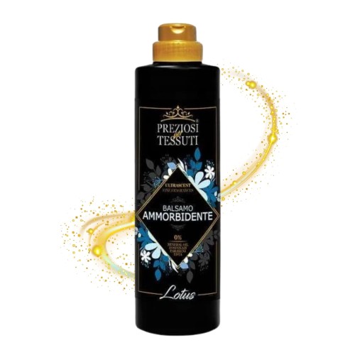 Preziosi Tessuti balsam do płukania Lotus 750 ml - czarna butelka z złotym korkiem, efekt rozprysku złotego płynu po bokach.