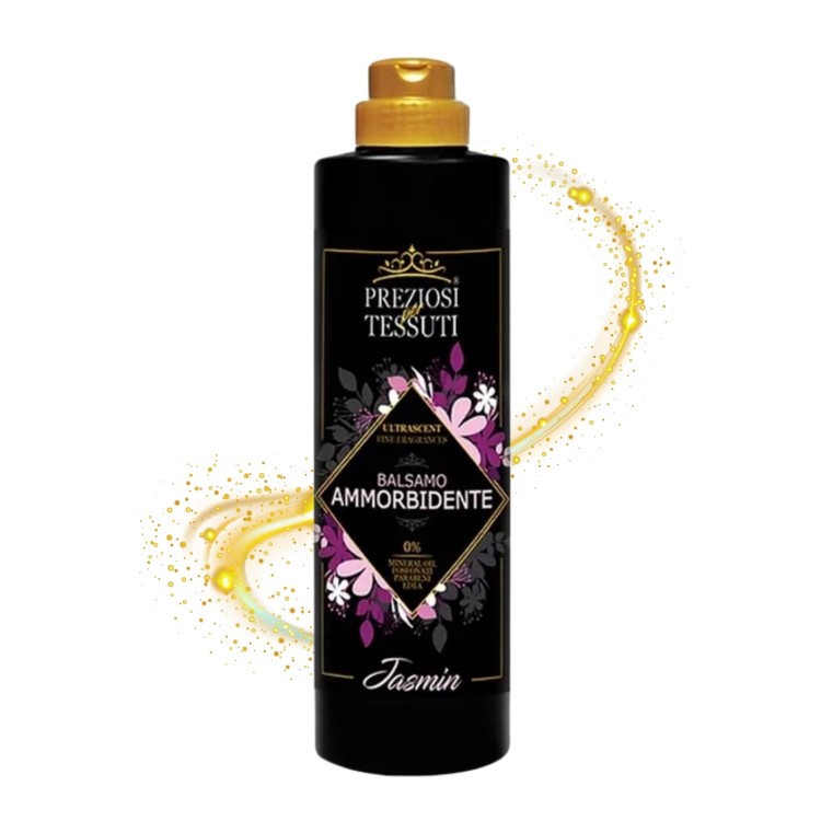 PREZIOSI płyn do płukania Balsamo Ammorbidente Jasmin 750 ml - czarna butelka z złotym korkiem, efekt rozprysku złotego płynu po bokach.