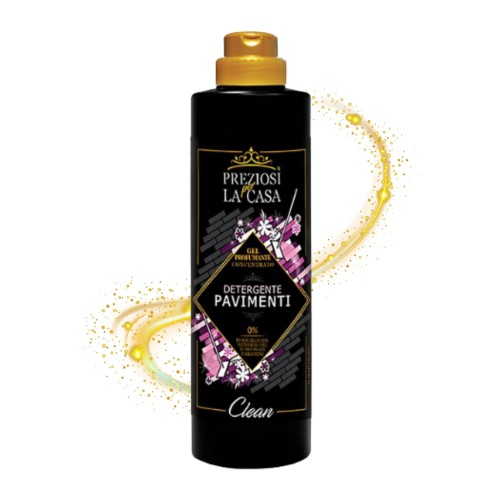 PREZIOSI Clean detergent do podłóg 750 ml - czarna butelka z złotym korkiem, z efektem złotego rozprysku obok, widok z przodu.