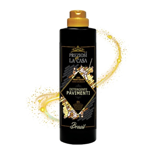 PREZIOSI Detergente Pavimenti Brasił płyn do czyszczenia podłóg 750 ml - czarna butelka z złotym korkiem, widok frontalny z efektem rozpryskującej się złotej cieczy po bokach.