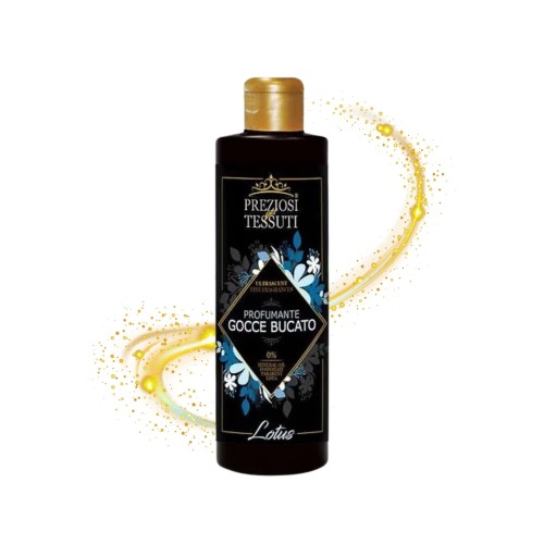 PREZIOSI perfumy do prania LOTUS 235ml - czarna butelka z złotym korkiem na białym tle z efektem żółtych iskierek i rozpryskiwanego zapachu.