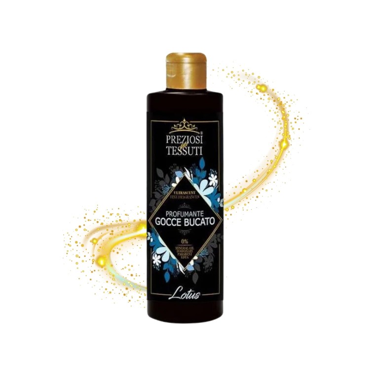 PREZIOSI perfumy do prania LOTUS 235ml - czarna butelka z złotym korkiem na białym tle z efektem żółtych iskierek i rozpryskiwanego zapachu.