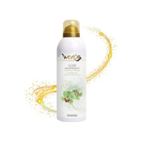 Wexor odświeżacz do tkanin Verde Himalaya 300ml spray - butelka z rozpylaczem na białym tle z efektami żółtych iskier i orchideą.