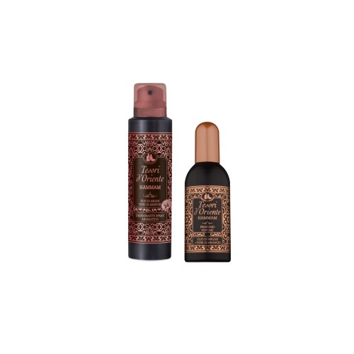 Tesori d'Oriente zestaw prezentowy Hammam - perfumy i dezodorant spray, dwie butelki z etykietami w bordo-złotym ornamencie na białym tle