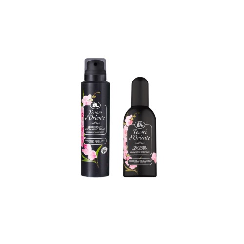 Tesori d'Oriente zestaw Chinese Orchid - dezodorant spray i perfumy w czarnych butelkach z różowymi kwiatami orchidei na etykiecie.
