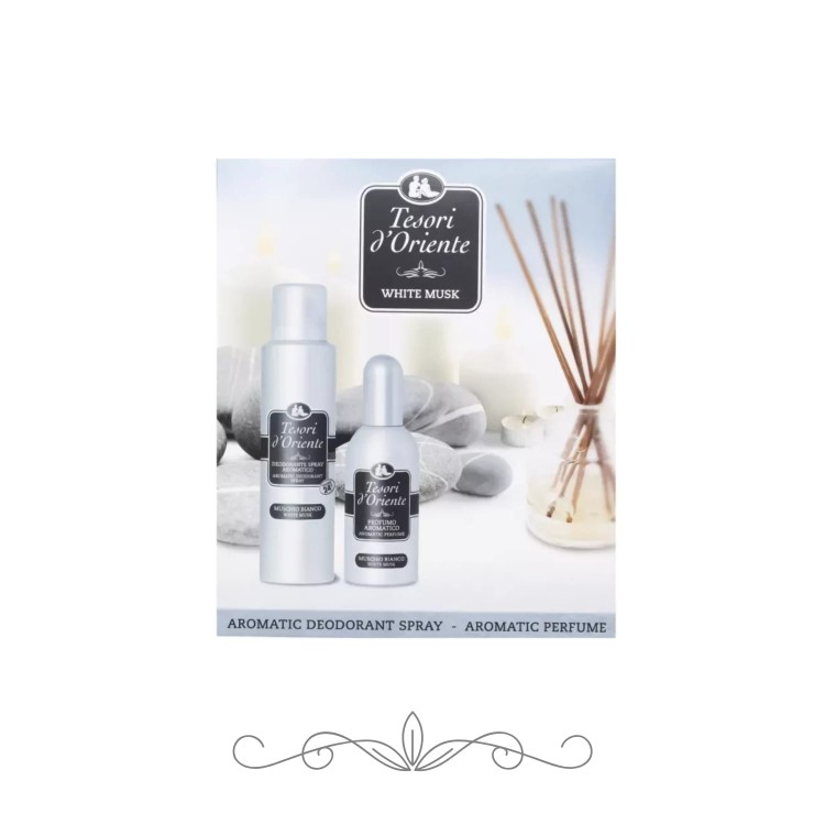 Tesori d'Oriente zestaw prezentowy White Musk - dezodorant spray 150 ml i perfumy 100 ml w pudełku, widok produktów na białym tle z diffuserem.