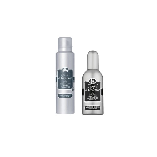 Tesori d'Oriente zestaw Muschio Bianco - dezodorant spray 150 ml i perfumy 100 ml, srebrne butelki na białym tle
