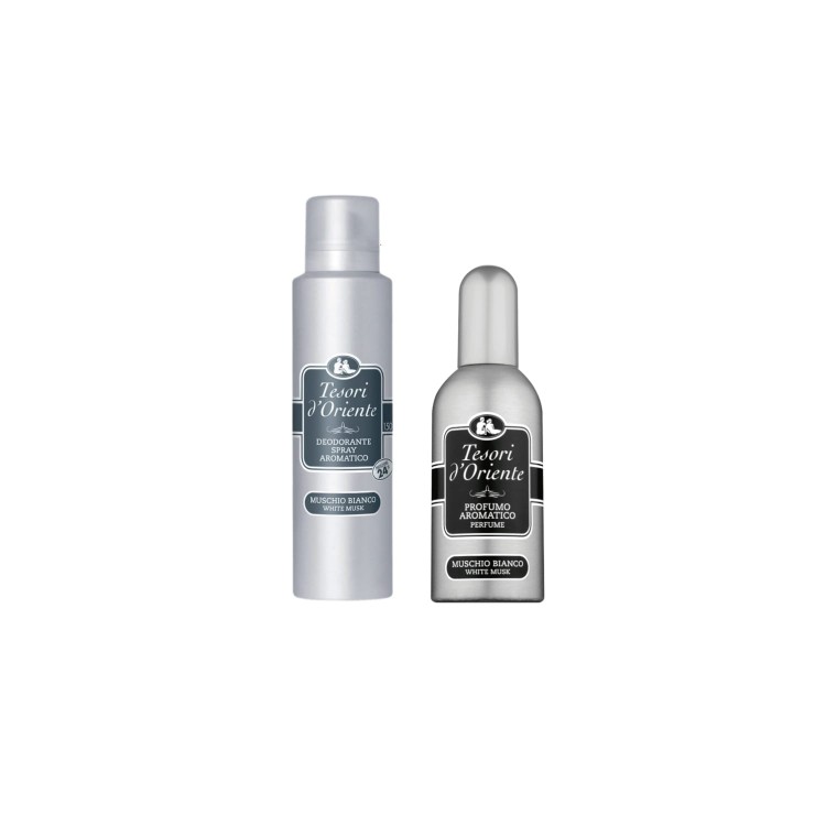 Tesori d'Oriente zestaw Muschio Bianco - dezodorant spray 150 ml i perfumy 100 ml, srebrne butelki na białym tle
