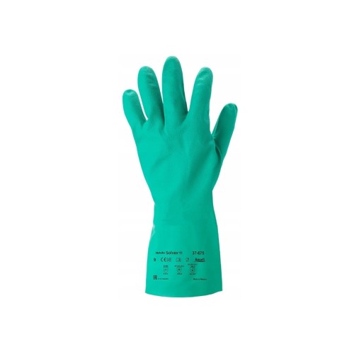 Ansell Solvex 37-675 rękawice gospodarcze nitrylowe w kolorze zielonym, widok frontalny całej rękawicy z etykietą producenta.