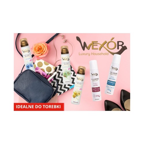 Wexor żelazko w spray'u 100 ml - butelka z rozpylaczem na różowym tle, otoczona dodatkami lifestyle'owymi.