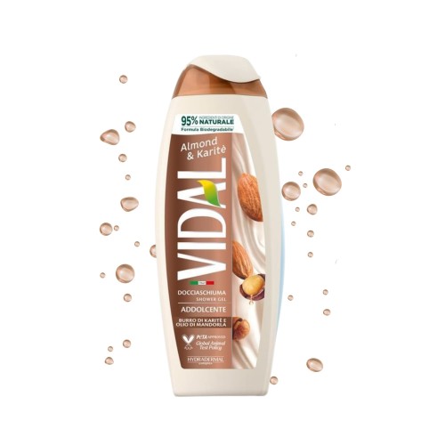 VIDAL żel pod prysznic Almond &amp; Karité 600 ml - butelka na białym tle z kropelkami wody, widok z przodu.
