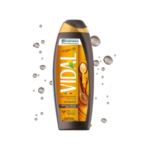 VIDAL żel pod prysznic Argan Oil - butelka na pomarańczowo-brązowym tle z kroplami wody, widok z przodu.