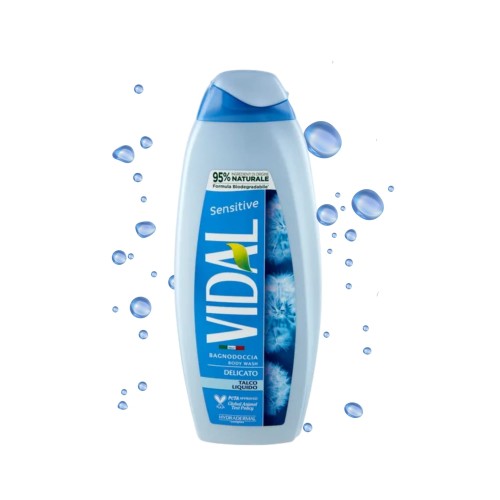 VIDAL żel pod prysznic Sensitive – butelka 600ml na białym tle z efektem kropli wody, widok z przodu.