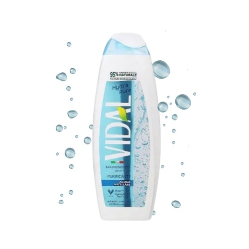 VIDAL Hydra Pure żel pod prysznic 600 ml - białej butelki z błękitnym paskiem, otoczonej kroplami wody, widok frontalny.