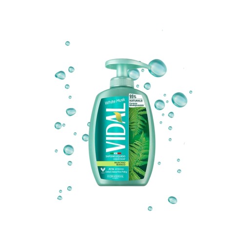 VIDAL mydło w płynie White Musk 300ml - butelka z pompką, otoczona bąbelkami, na białym tle