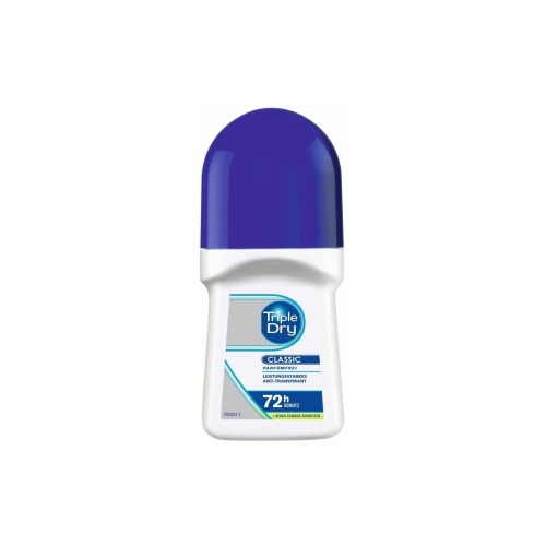Triple Dry Classic antyperspirant roll-on 50 ml - fioletowo-biała butelka, widok frontalny na białym tle.