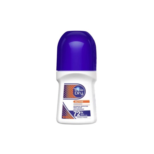 Triple Dry Active Men antyperspirant roll-on 50 ml - fioletowo-białe opakowanie, widok frontalny na białym tle.