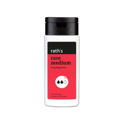 Rath's Care Medium krem ochronny do rąk i ciała 125 ml - butelka z białą etykietą i czarnym korkiem, widok z przodu na białym tle.