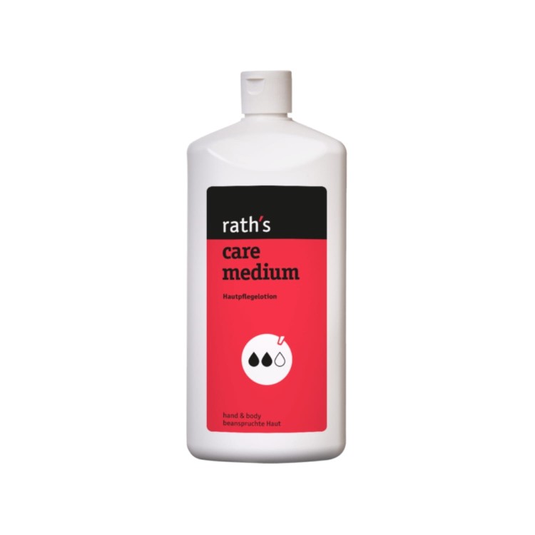 Rath's Care Medium krem ochronny do rąk i ciała - biała butelka 1000 ml z czerwoną etykietą, widok frontalny na białym tle.