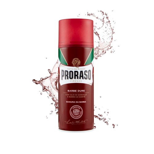 Proraso pianka do golenia Barbe Dure 400ml - czerwona butelka z rozpryskami wody, widok z przodu na białym tle.