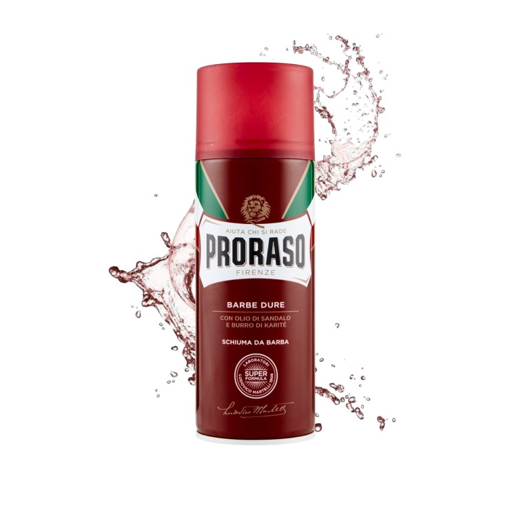 Proraso pianka do golenia Barbe Dure 400ml - czerwona butelka z rozpryskami wody, widok z przodu na białym tle.
