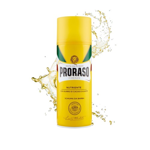 Proraso pianka do golenia żółta 400ml - butelka z rozpryskującą się pianką na białym tle