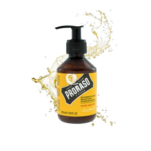 Proraso szampon do brody Wood and Spice 200ml - butelka z pompką, ujęcie z rozpryskującą się wodą na białym tle.