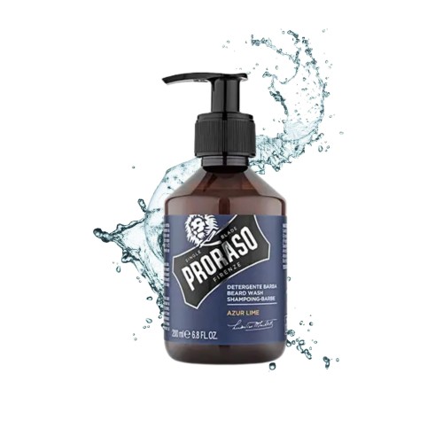 Proraso szampon do brody Azur Lime 200ml - brązowa butelka z pompką, otoczona pryskającą wodą na białym tle