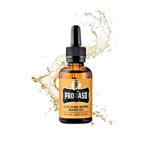 Proraso olejek do brody Wood and Spice 30ml - butelka ze złotym olejem i czarnym pipetą, z wybuchem oleju w tle.
