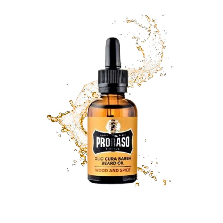 Proraso olejek do brody Wood and Spice 30ml - butelka ze złotym olejem i czarnym pipetą, z wybuchem oleju w tle.