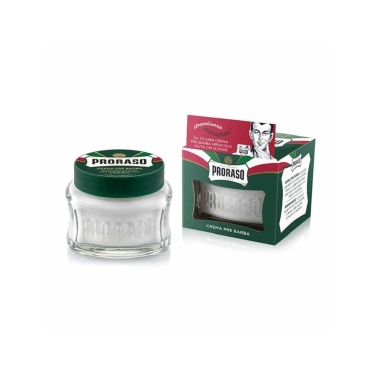 Proraso krem przed goleniem zielony 100ml - produkt w szklanym słoiku i opakowanie pudełkowe, widok zestawu.