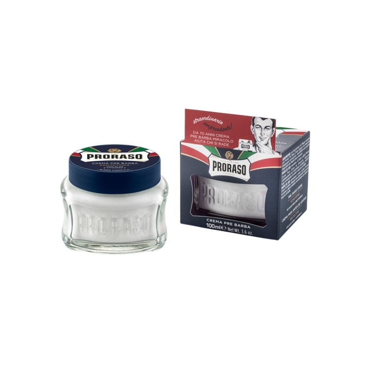 Proraso krem przed goleniem niebieski 100 ml - produkt w szklanym słoiku z pudełkiem opakowaniowym, widok frontalny