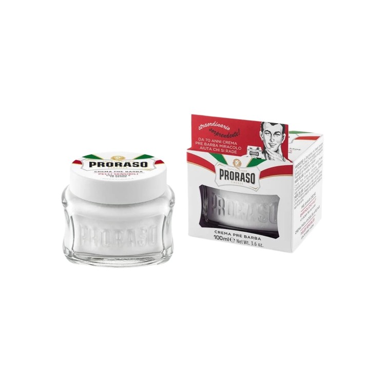 Proraso krem przed goleniem biały 100 ml - opakowanie i słoik, widok produktu z przodu i w pudełku