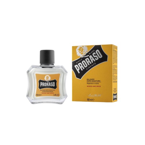 Proraso balsam po goleniu Wood and Spice 100ml - butelka i pudełko na białym tle.