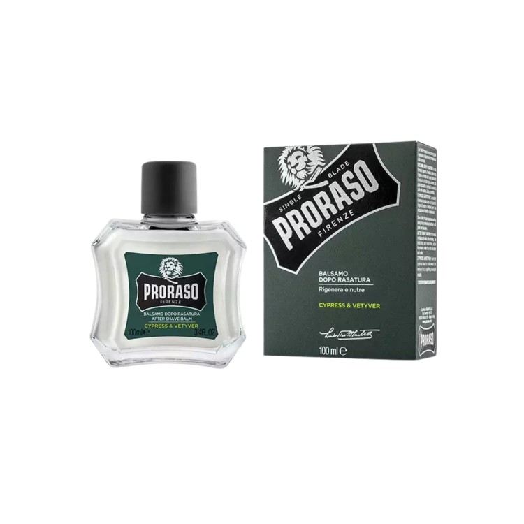 Proraso balsam po goleniu Cypress &amp; Vetyver 100ml - butelka i pudełko, widok z przodu.