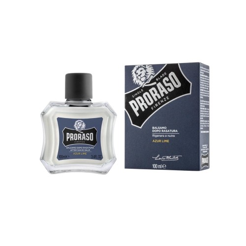 Proraso Balsam po goleniu Azure Lime 100ml - butelka i pudełko na białym tle, widok frontu produktu.