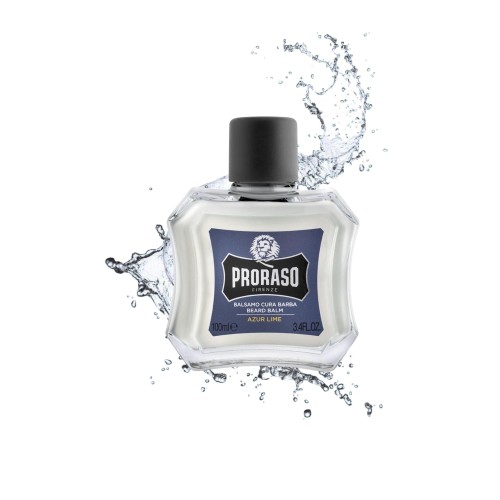 Proraso balsam do brody Azur Lime 100ml - przezroczysta butelka z czarnym korkiem na tle rozpryskiwanej wody.