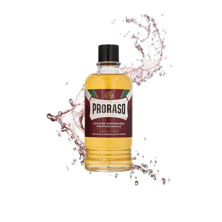 Proraso lotion po goleniu czerwony 400ml - butelka z żółtą lotion w bryzgach wody na białym tle