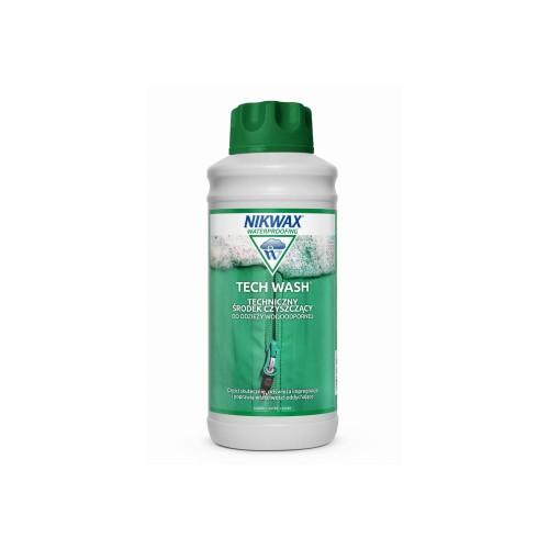 Nikwax Tech Wash płyn do prania odzieży wodoodpornej 1000ml - biała butelka z zielonym korkiem, widok frontalny.