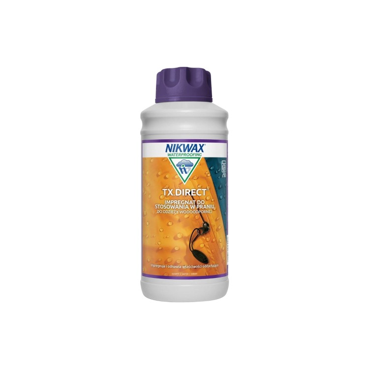 Nikwax TX.Direct impregnat do stosowania w praniu dla odzieży wodoodpornej - butelka 1000ml na białym tle, widok z przodu.