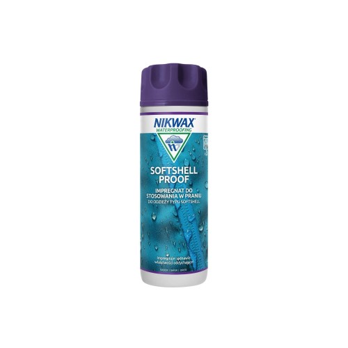 Nikwax Softshell Proof impregnat do softshella 300ml - butelka z purpurowym korkiem, widok frontalny na białym tle.