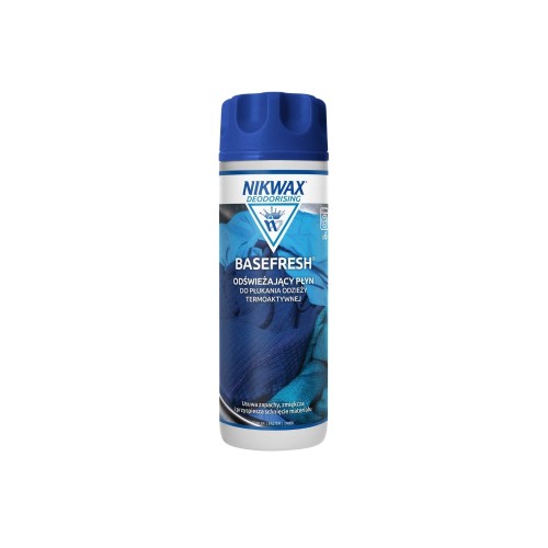 Nikwax BaseFresh płyn deodoryzujący do płukania odzieży termoaktywnej 300ml - butelka z niebieską nakrętką na białym tle.