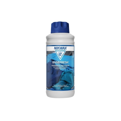 Nikwax Basefresh płyn do płukania odzieży termoaktywnej 1000ml - biała butelka z niebieską etykietą, widok frontalny na białym tle.