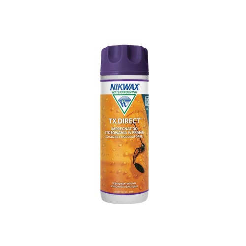 Nikwax TX.Direct impregnat do odzieży 300 ml - butelka z purpurowym rozpylaczem na białym tle, widok z przodu.